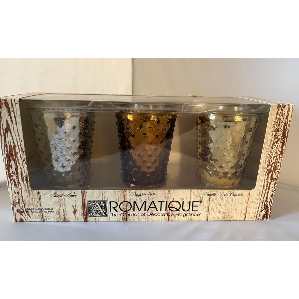 Aromatique Hobnail Glass Scented Candle Set 3 Pc Bronze Silver Gold 12 oz NIB